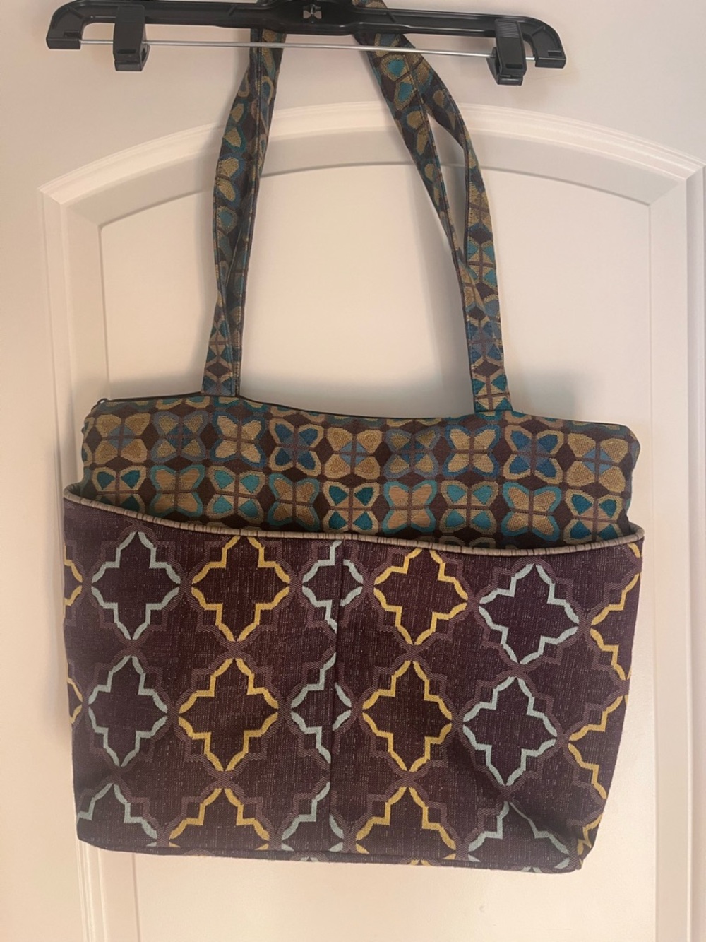 Geometric Double-Pattern Tote Bag in Teal, Brown & Gold